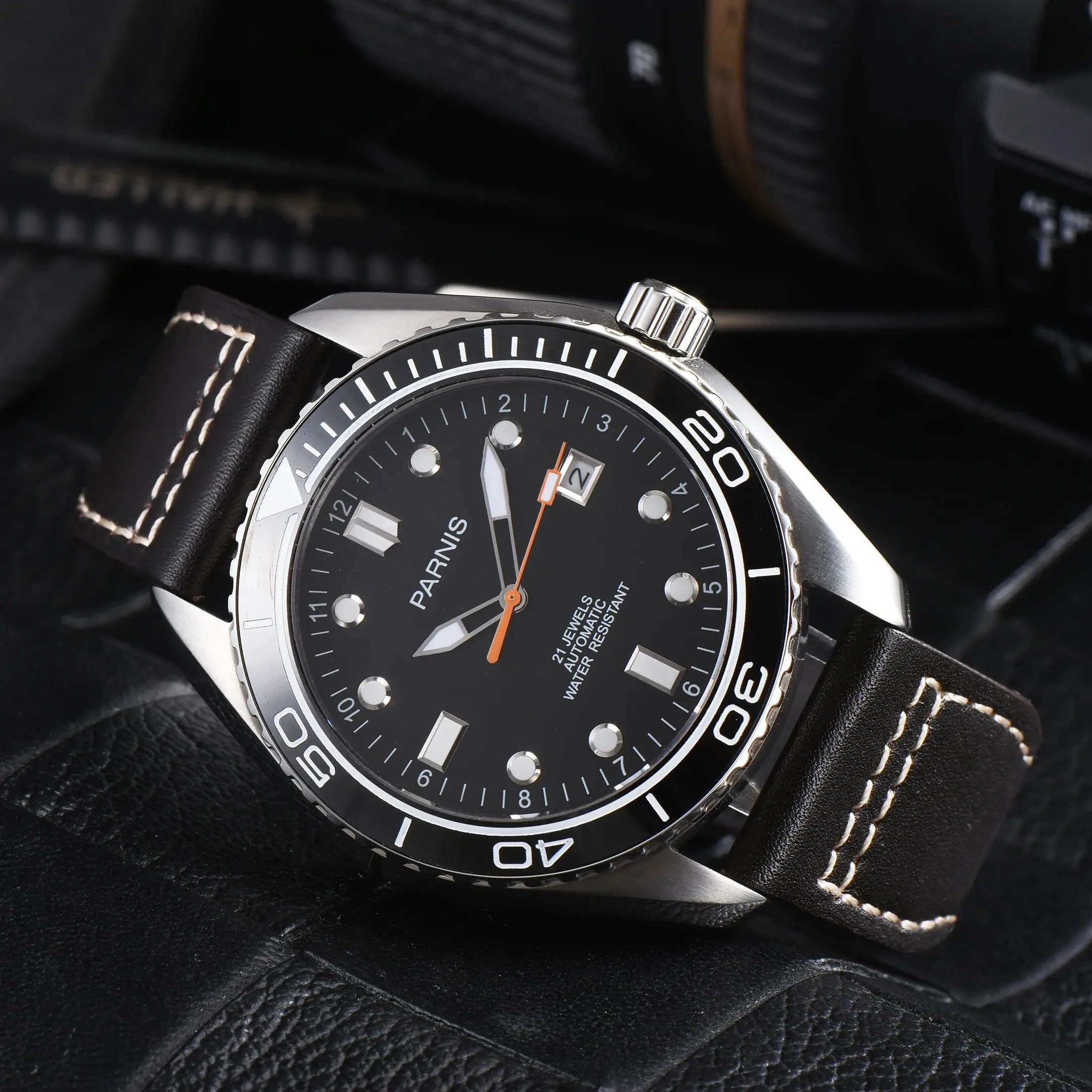 Модные мужские часы Parnis 45 мм, серебристые Стандартные Автоматические Мужские часы с сапфировым стеклом и кожаным ремешком, механические водонепроницаемые часы для мужчин