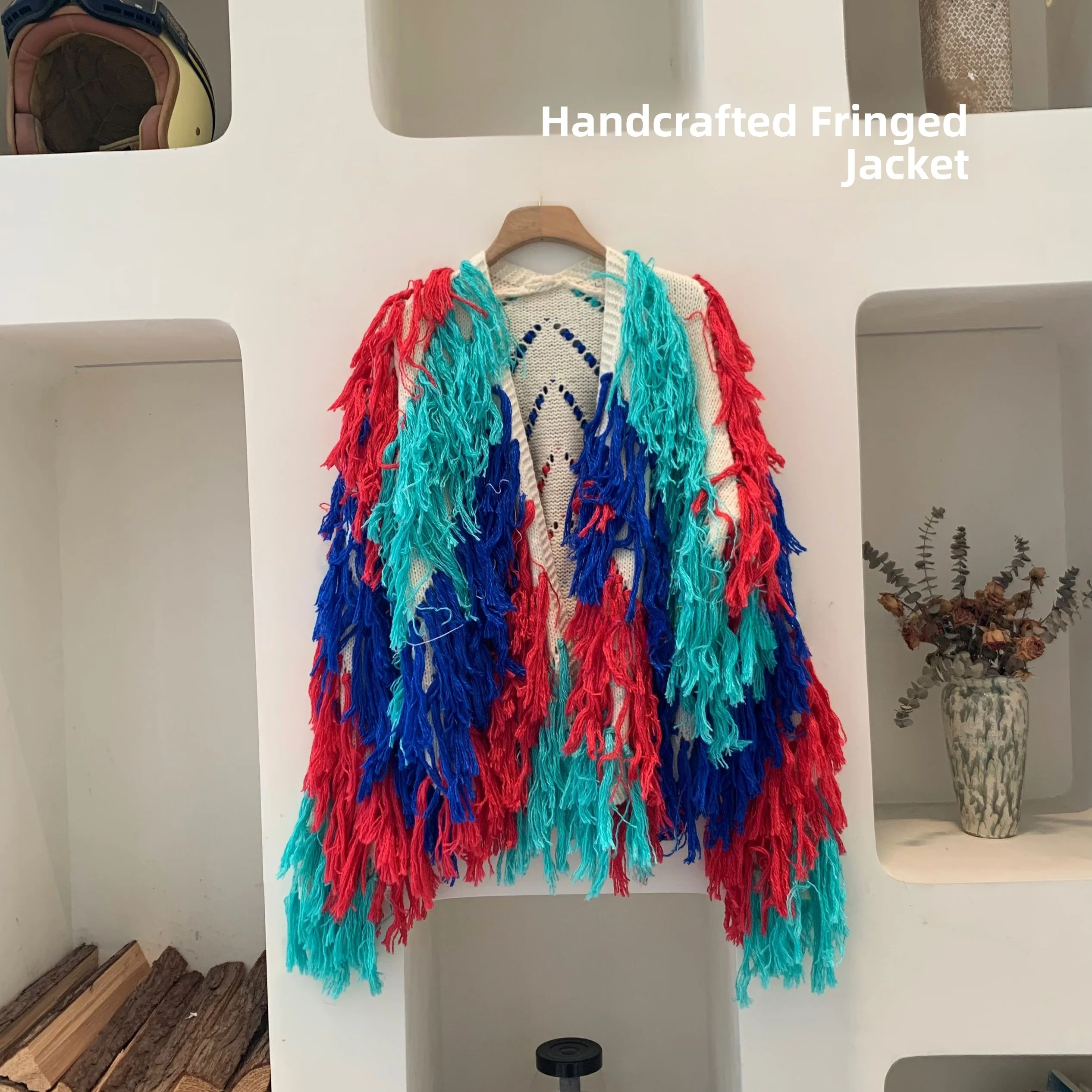 

Fall Winter Handmade Heavyweight Knitted Tassel Open Cardigan Women's Luxury V-ne Loose Lazy Sweater Large Coat