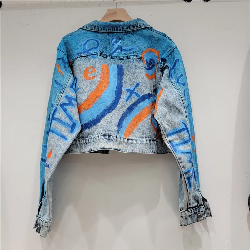 Streetwear Fashion Graffiti Print Denim Jacket Women Loose High Waisted Short Cowboy Outerwear Big Pocket Jeans Jackets Female