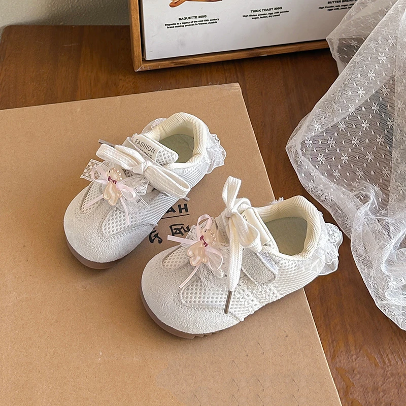

Kids Casual Shoes Mesh Breathable Children Tennis Shoes Soft Bottom 2026 Brand New Girls Princess Shoes Sweet Lace Bows Non-slip