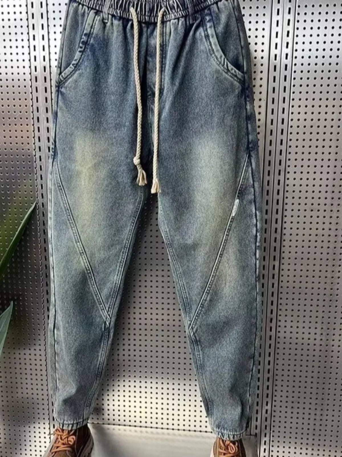 

Retro Waed Denim Jeans Men's Trendy Loose Harlan Pants Casual Elastic Waist Versatile Straight Leg Long Trousers Autumn