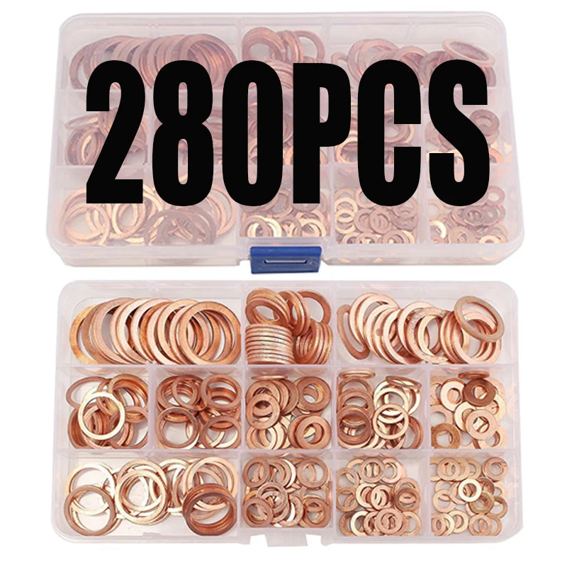 

280pcs Copper Washers Copper Sealing Washer 12 Sizes Assorted Solid Copper Crush Washers Seal Flat Ring Set with Case