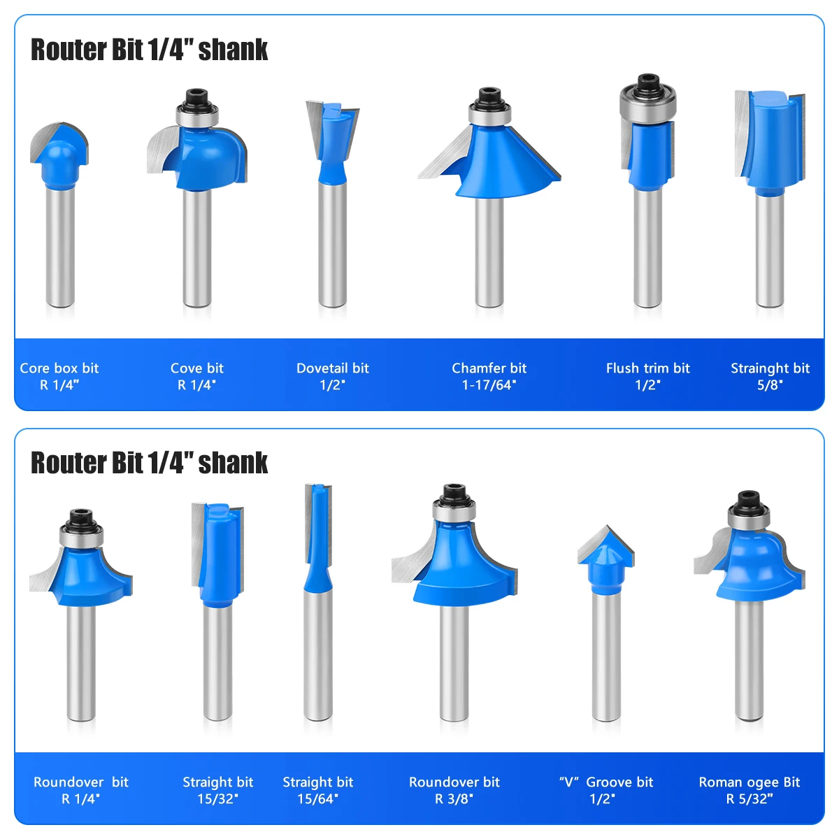 12pcs 1/4in Shank Router Bits Set Trimming Straight Corner Bits Carbide Woodworking Milling Cutter Engraving Cutting Tools