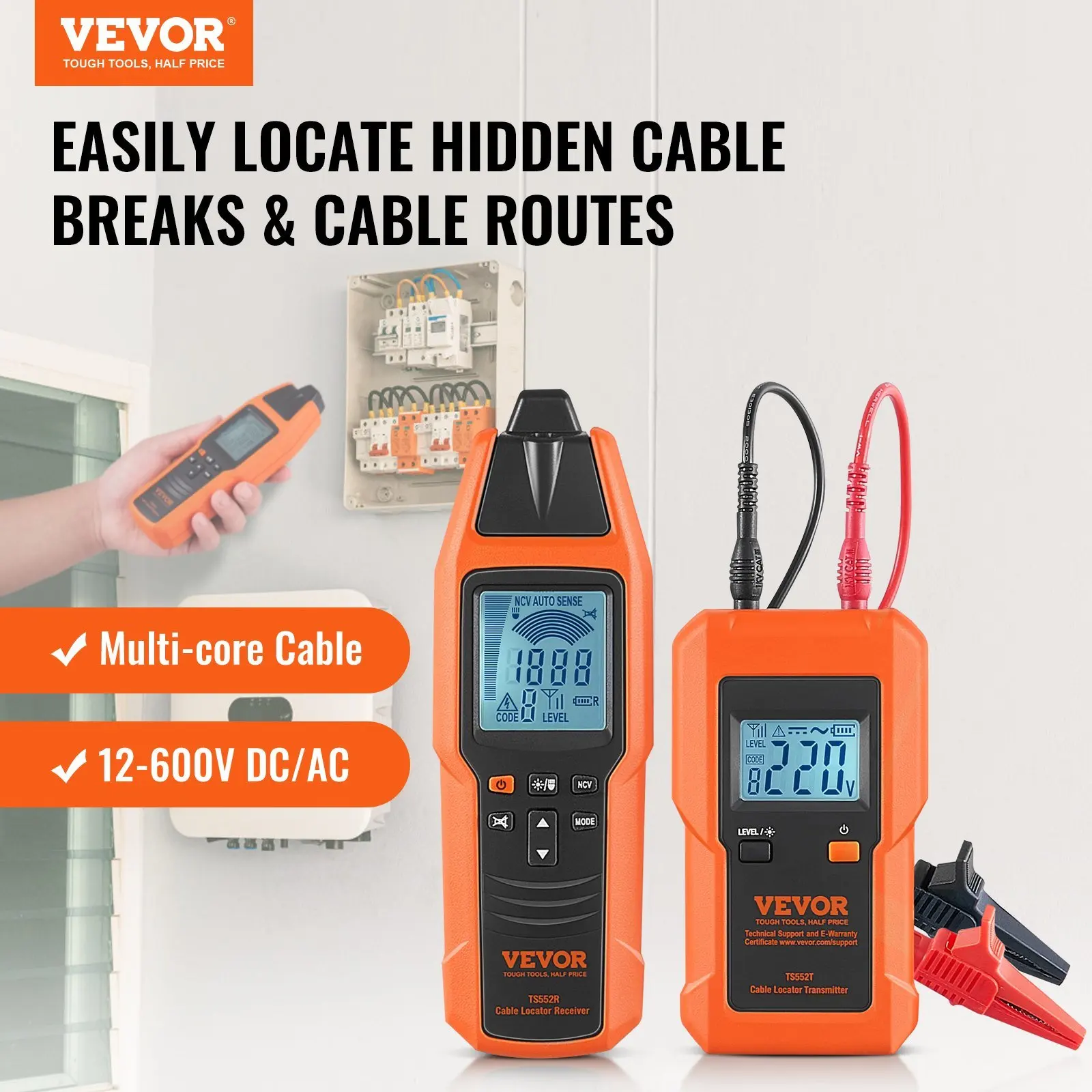 Underground Cable Locator, 3 FT Max. Detection Depth, 12 to 600V (NVC) Wire Tracer Break Detector Finder, 6561 FT Max.Dete