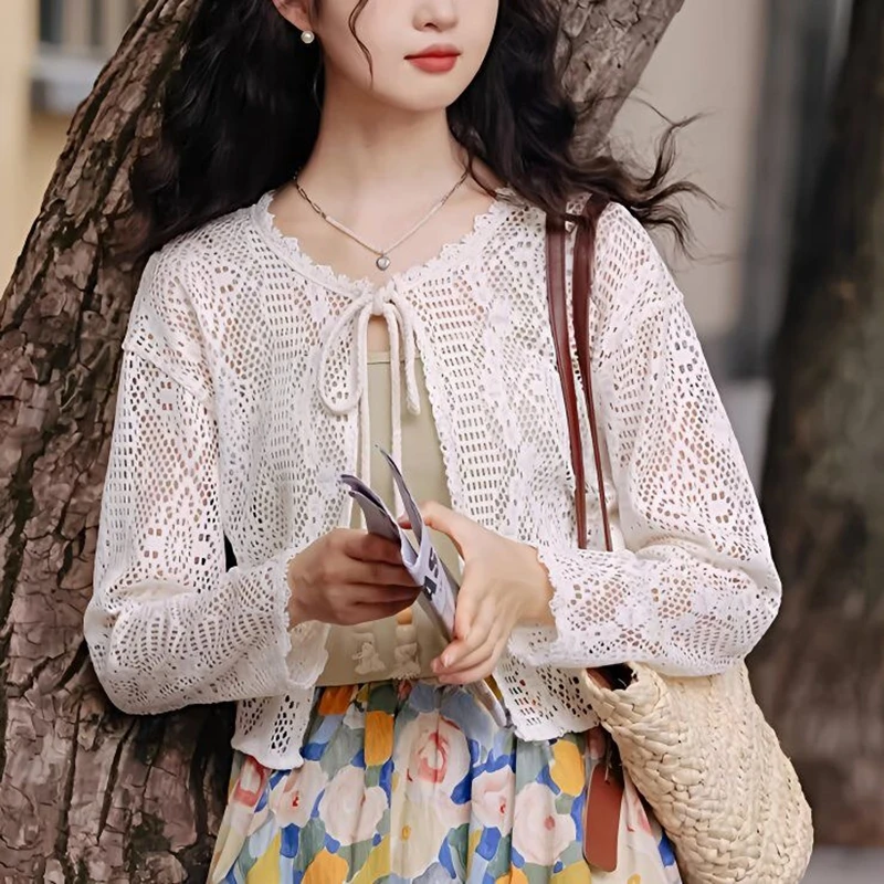 

Korean Style Tie-Neck Hollow Out Beige White Lace Shirts Women Summer Long Sleeve Cardigan Elegant Lady Cute Short Cover Up Top