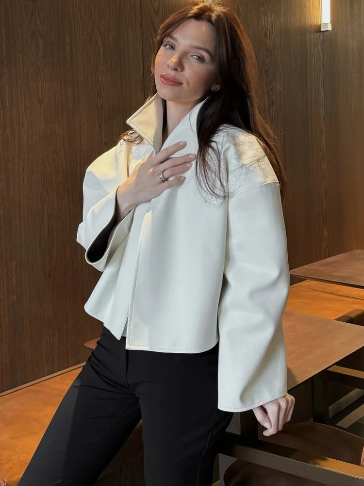 Beige Croc Leather Cropped Jacket Y2k Stand Collar Long Sleeve Wide Cuff Oversize Coat 2026 Autumn Street Daily Casual Outerwear