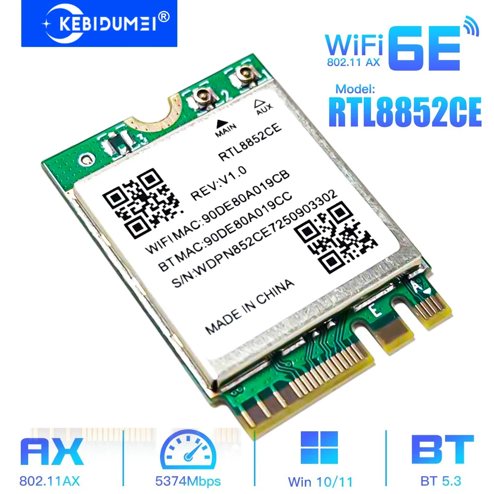 

Сетевая карта Wi-Fi 6E 5400 Мбит/с RTL8852CE M.2 2230 Bluetooth 5.3, беспроводной адаптер, трехдиапазонный 2,4G/5G/6 ГГц 802.11AX для Windows 10/11