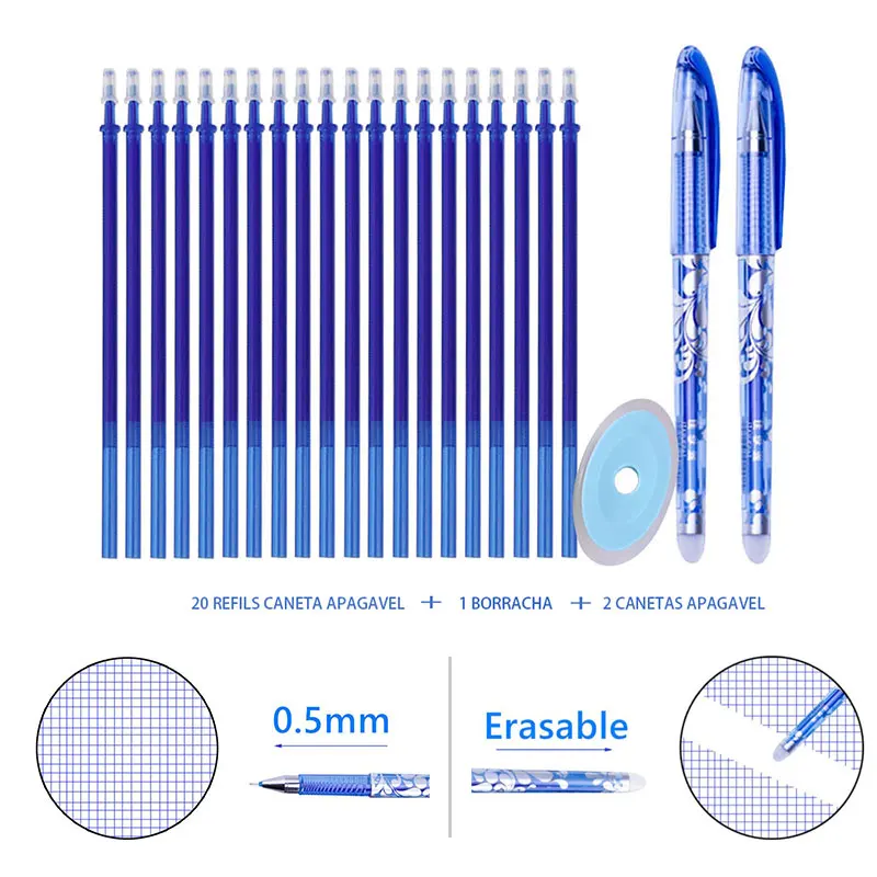 Conjunto de canetas gel apagáveis, tinta azul e preta, material de papelaria para escola e escritório, 20 recargas, 1 borracha, 2pcs