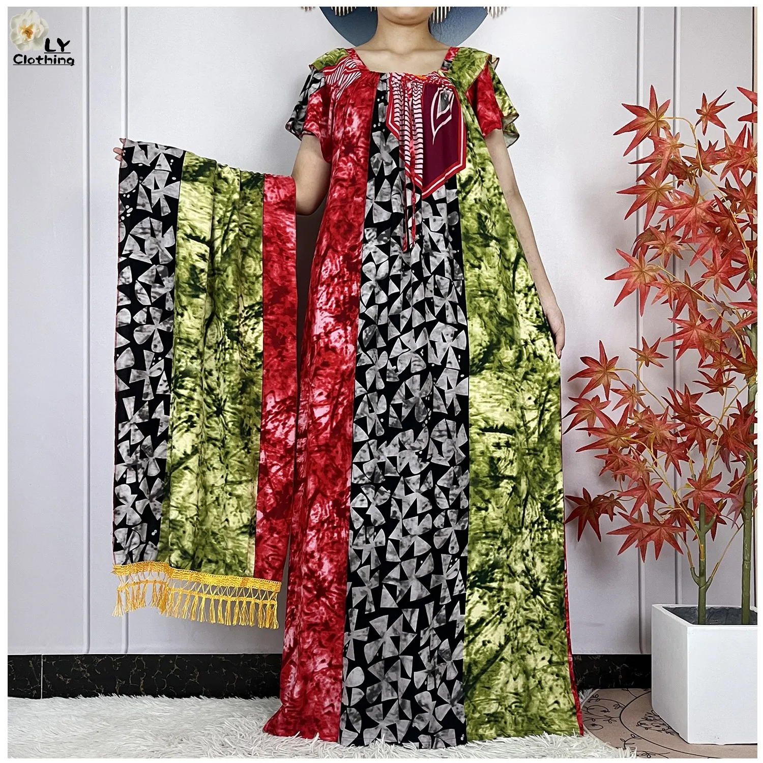 

New Summer Fashion African Lady Short Sleeve Dress Boat-Neck Floral Boubou Maxi Islam Cotton Loose Women African Abaya Clothes