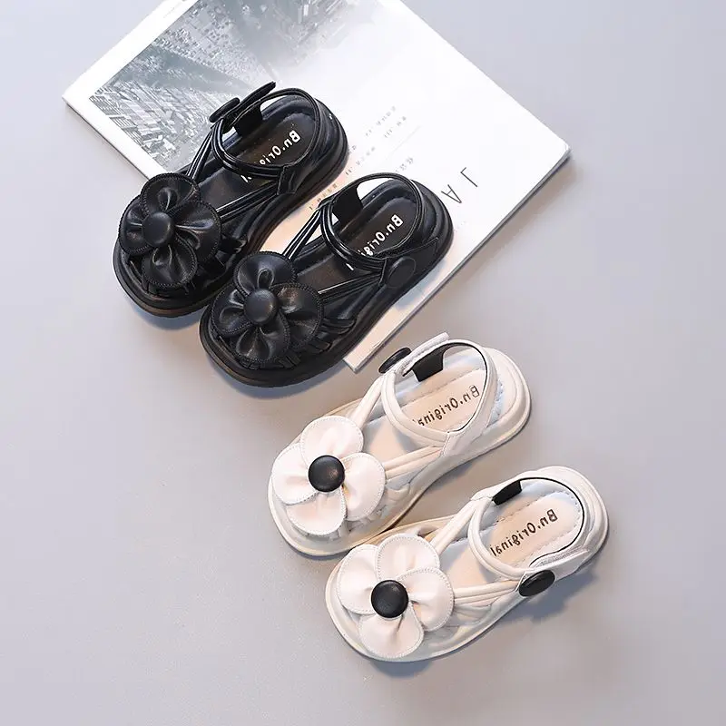 Girls Princess Sandals 2022 Summer New Baby Teenages Flower Single Shoes Fashion Non-slip Flat Children's Shoe White Black 24-37