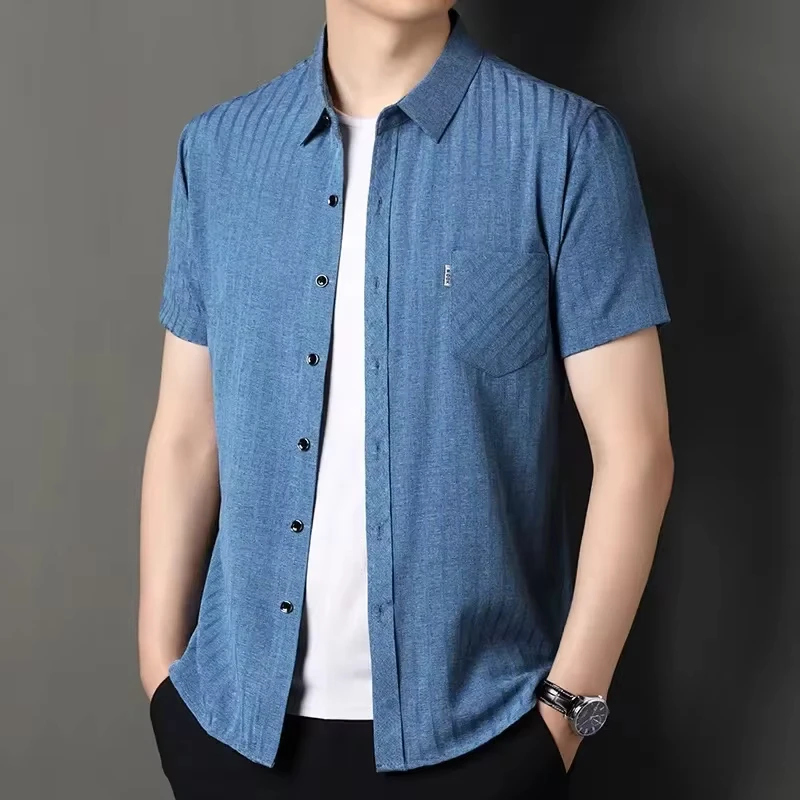 High Quality Cotton Linen Shirts Men's Business Casual Short Sleeve Striped Print T-shirts New Comfy Loose Cardigan Tops for Men