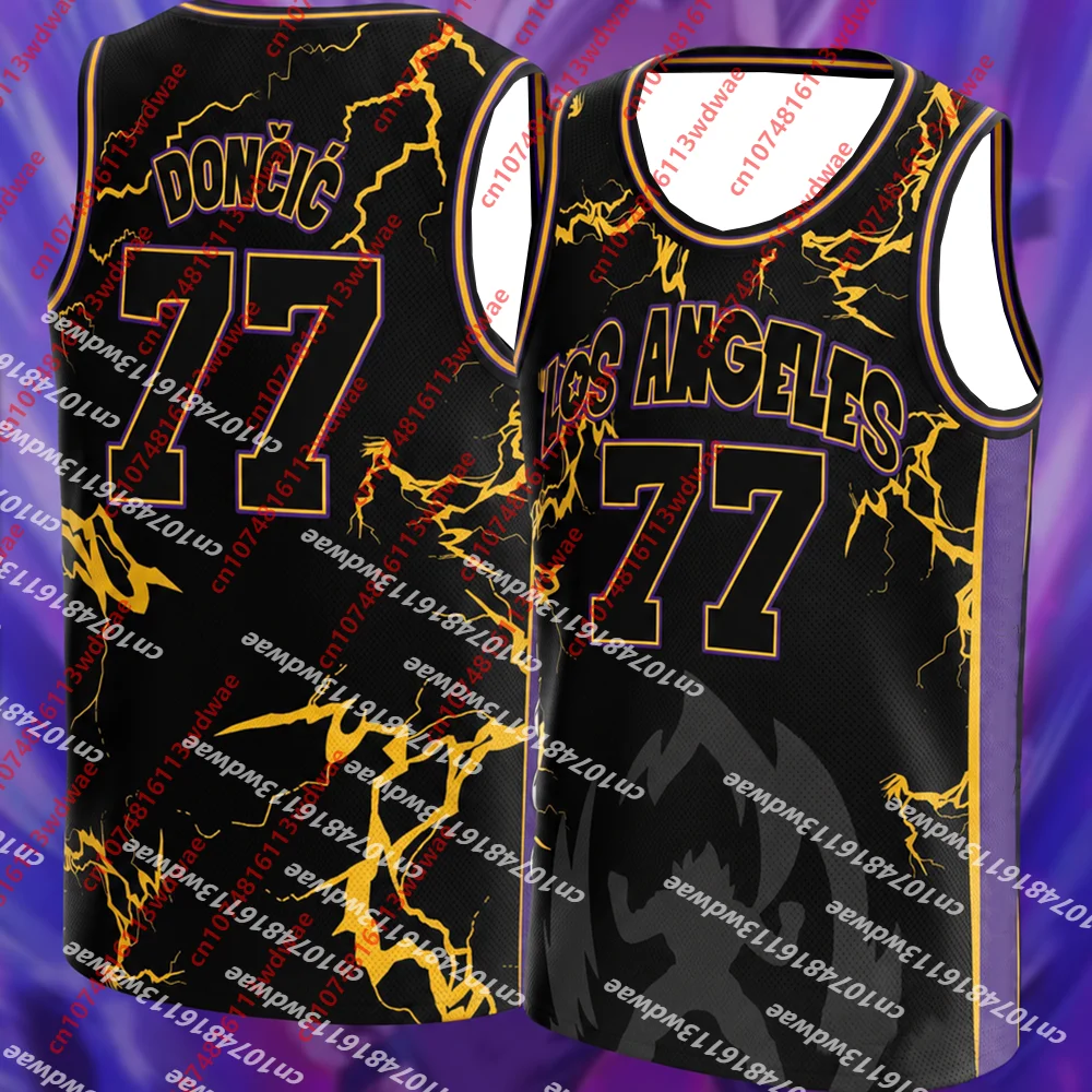Los Angeles Doncic #77 Basketball Jersey Unisex Sleeveless Tank Top Black‑Gold Mesh Vest For Men Women Basketball Sports Fans