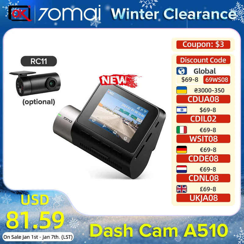 70mai Dash Cam A510 2024 New 70mai DVR Global 140FOV 1944P HDR ADAS GPS A510 Car Camera 24H Parking Monitor Support Rear Cam