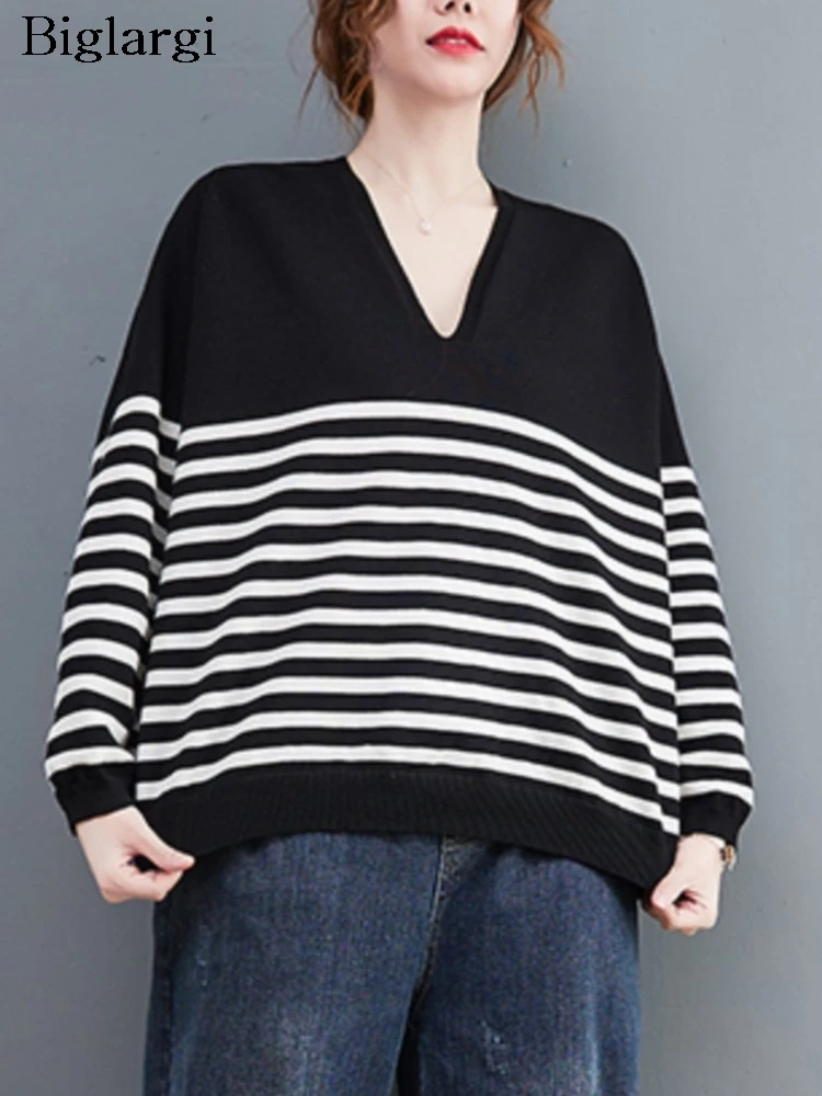 Pull Rayé à Col en V Décontracté pour Femme, Vêtement Imprimé, Automne