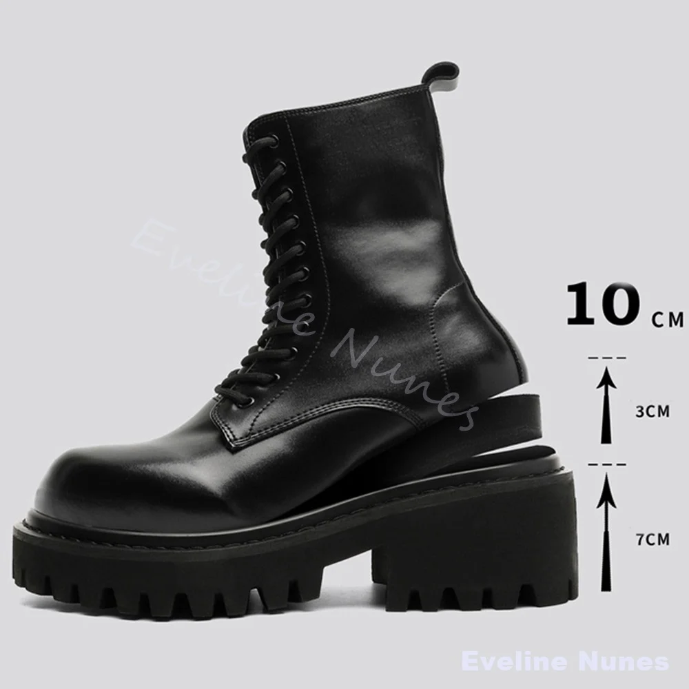 10CM Hidden Height Increasing Platform Boots Men Goth Punk Round Big Toe Chunky Ankle Combat Boots Black Leather Motorcycle Boot