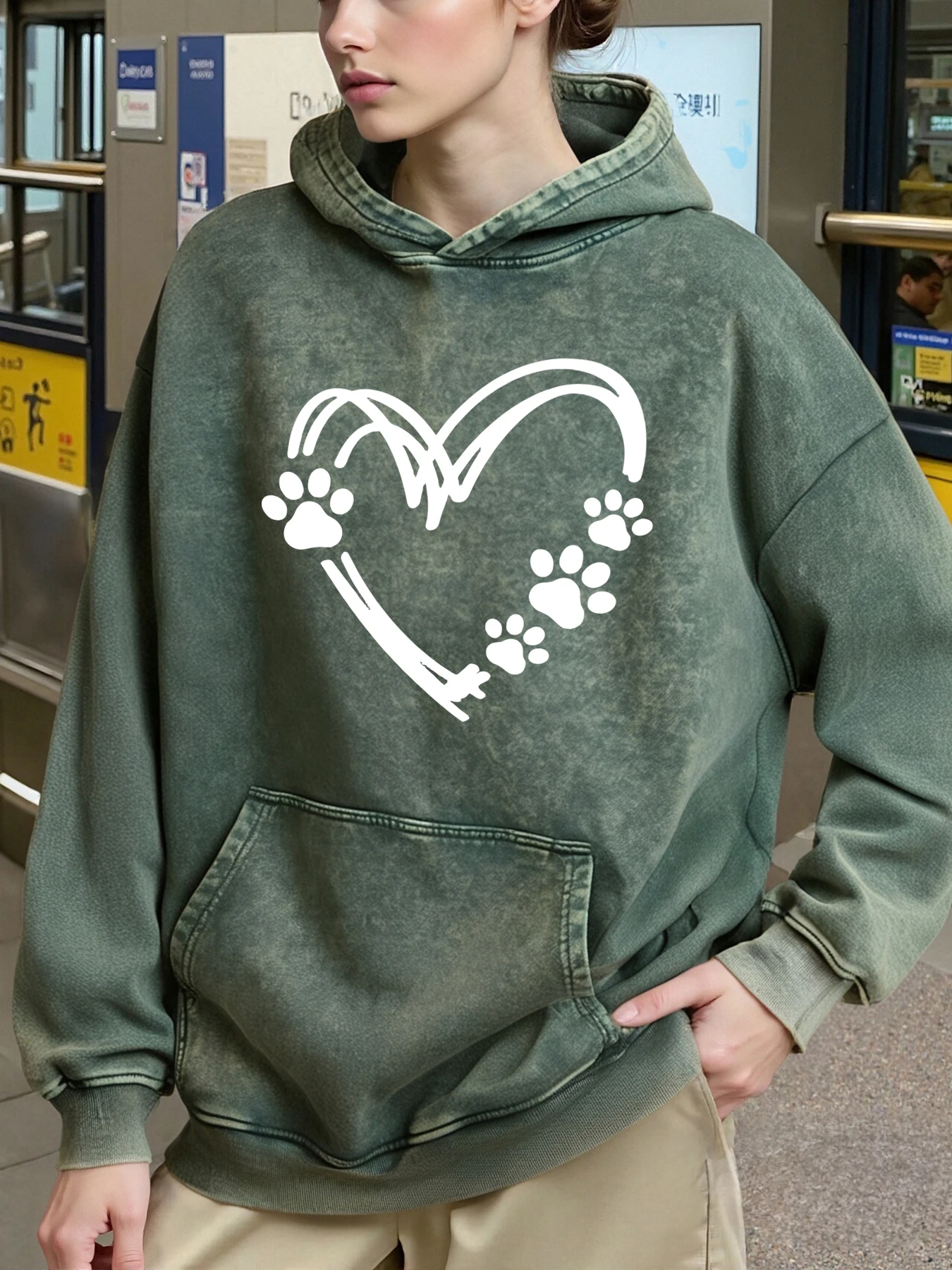 심플 러브 풋프린트 프린팅 여성 후디 코튼 워시드 후디 포켓 루즈 스포츠웨어 가을 겨울 멀티컬러 여성 후디