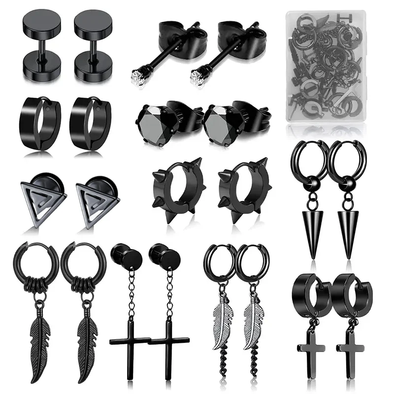 

11 Pairs Men's Black Stainless Steel Earrings Kit With Box Fashion Cross Dangle Hoop Stud Earrings Set for Piercing Jewelry