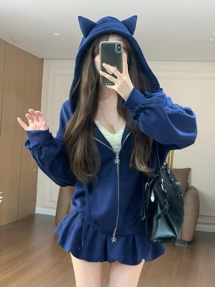 2025 Harajuku Double Zippers Hoodies Y2k Aesthetic Autumn Vintage Solid Sweatshirt Loose Grunge Casual Streetwear Women Tops