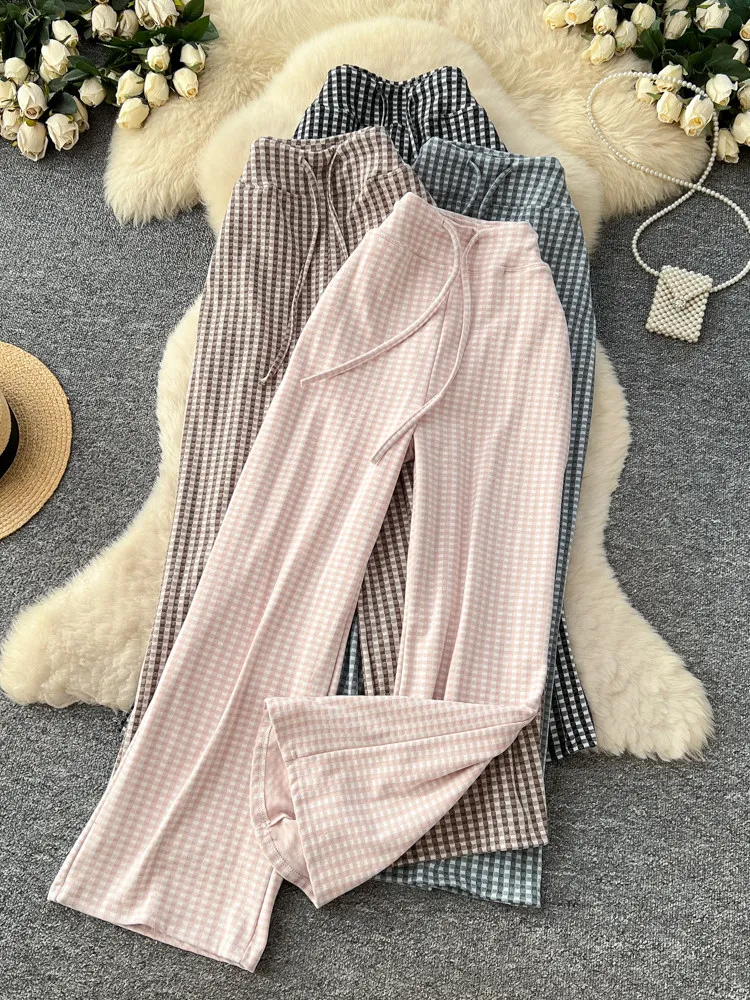Korean style high waisted checkered casual wide leg pants women in spring new drawstring loose acasual and lazy style pants