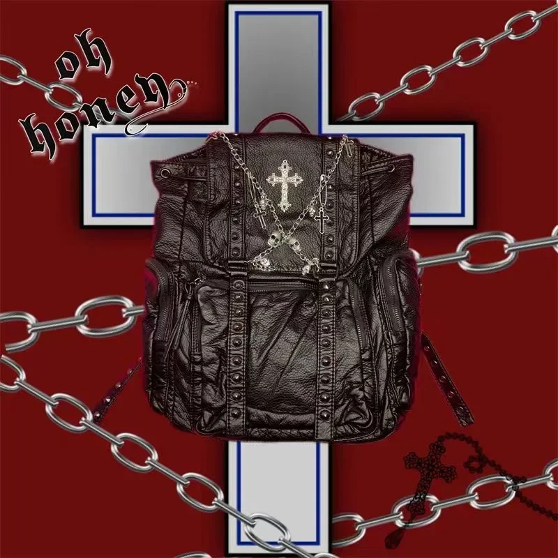 MBTI Goth Y2k Backpacks for Women Black Punk Rivet Chain School Students Bag Pu Leather Cross Skeleton Fashion Female Backpacks