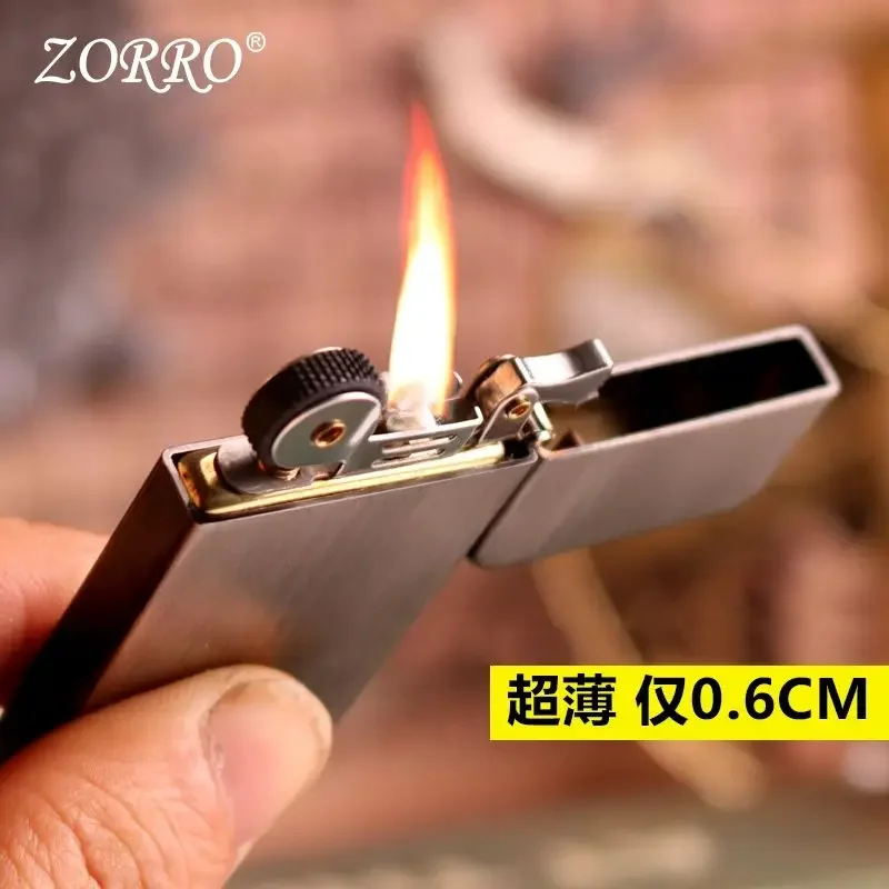 Original Zorro Thin Pure Copper Kerosene Lighter Flint Wheel Ignition Windproof Cigarette Lighter Smoking Gadget 0.6CM