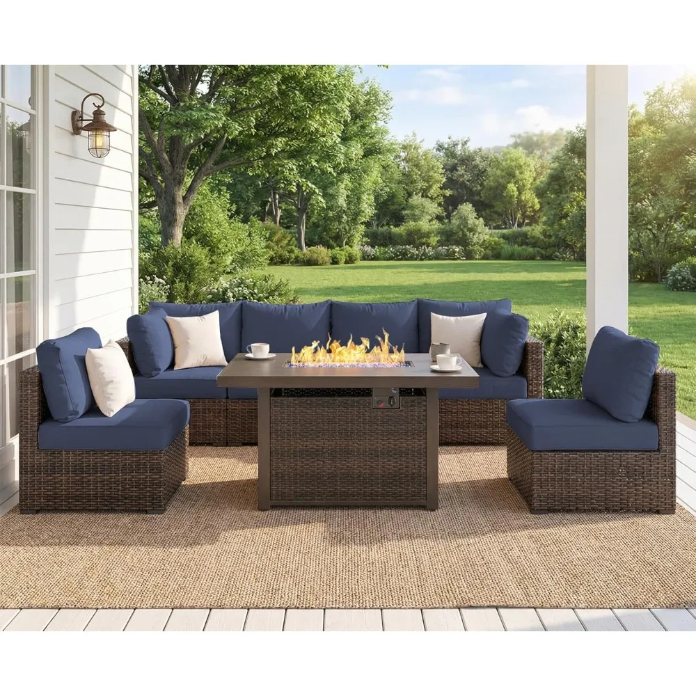 

7 Piece Outdoor Patio Furniture Set with 42" Fire Pit, Wicker Furniture Sectional Conversation Sofa Set with, Customized