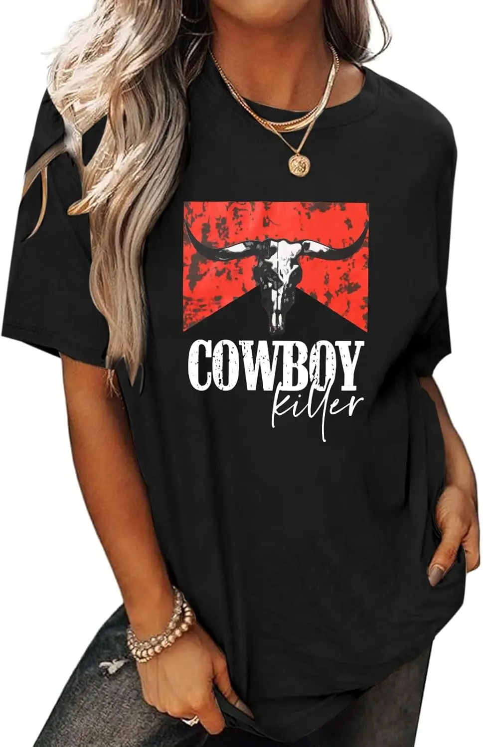 

Jinluth Cowboy Killer Tshirt for Women Oversized Western T Shirts Cowgirl Vintage Country Shirts Cow Skull Graphic Tees Tops