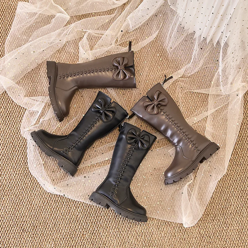 

Детские сапоги до середины икры для девочек, зима 2021, новая модная нескользящая универсальная кожаная обувь принцессы в корейском стиле с мягкой подошвой