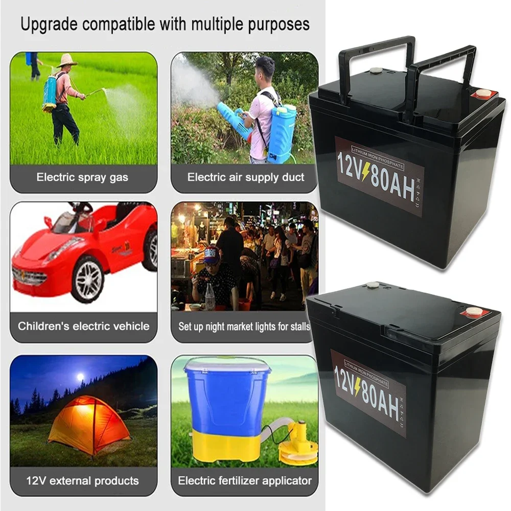 Paquete de batería recargable Lifepo4 de 12V y 80Ah para coche de juguete para niños, farolas solares y otras fuentes de alimentación para equipos pequeños
