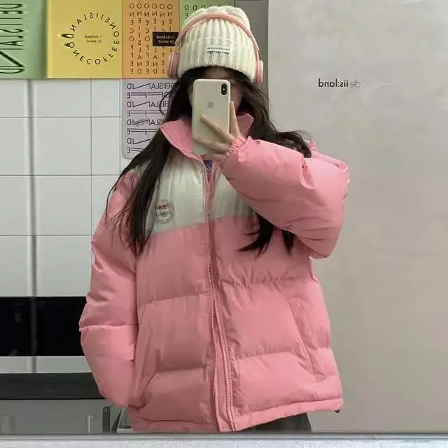 

Korean Winter Down Cotton Jacket Vintage Colour Clash Baggy Coats For Women Parka Thick Warm Student Snow Outwear