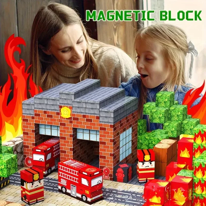 لعبة كتل مغناطيسية لقسم الإطفاء، مجموعة مغناطيس بناء الألغام للأولاد والبنات، مكعبات إبداعية حسية من مونتيسوري