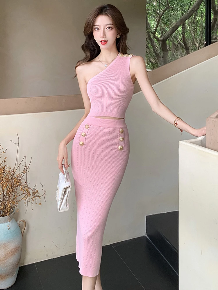 

Korean Sexy 2 Piece Outfit Women Holiday Pink Elastic Knitted Single Sleeve Short Cropped Tops Shirt Blouse Bodycon Skirt Sets
