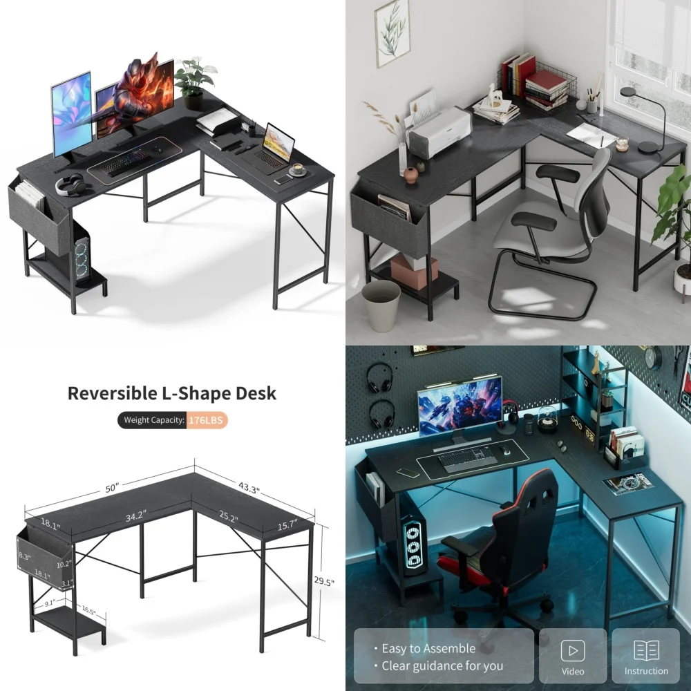 

Computer DesksL Shaped 50 Inch Reversible Corner Desk for Gaming and Office Use Spacious Computer Table with Modern Design