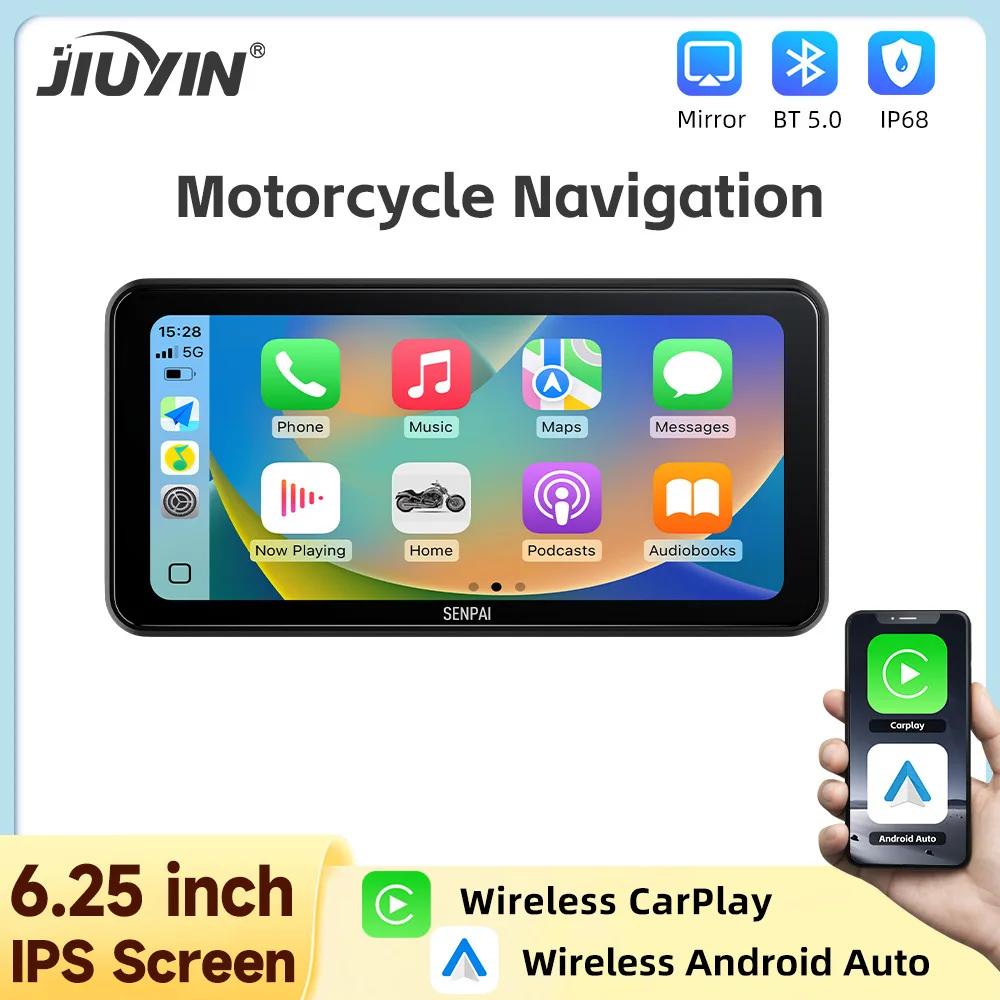 JIUYIN 6.25 Inch Motorcycle GPS Navigation Wireless Carplay Android Auto Display Touch Screen IP67 Waterproof Multimedia Player