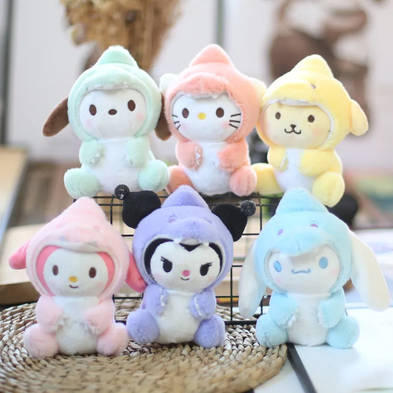 Sanrio dinossauro série chaveiro de pelúcia cinnamoroll saco acessórios kuromi coisas pingente olá kitty plushie para presente aniversário