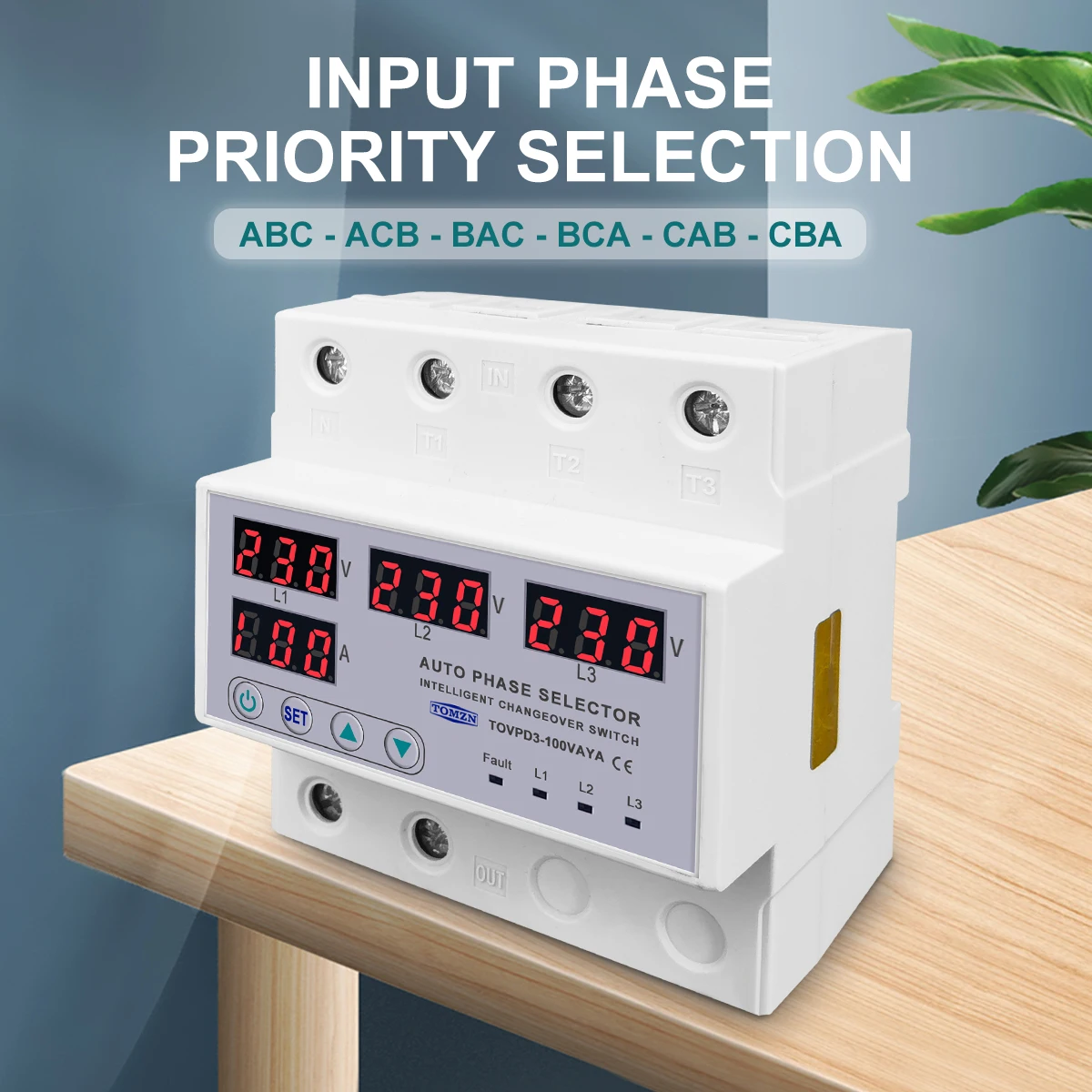 100A TOMZN 3 phase 3P+N Din rail phase selector adjustable Over and Under Voltage current protection Monitor Relays Protector