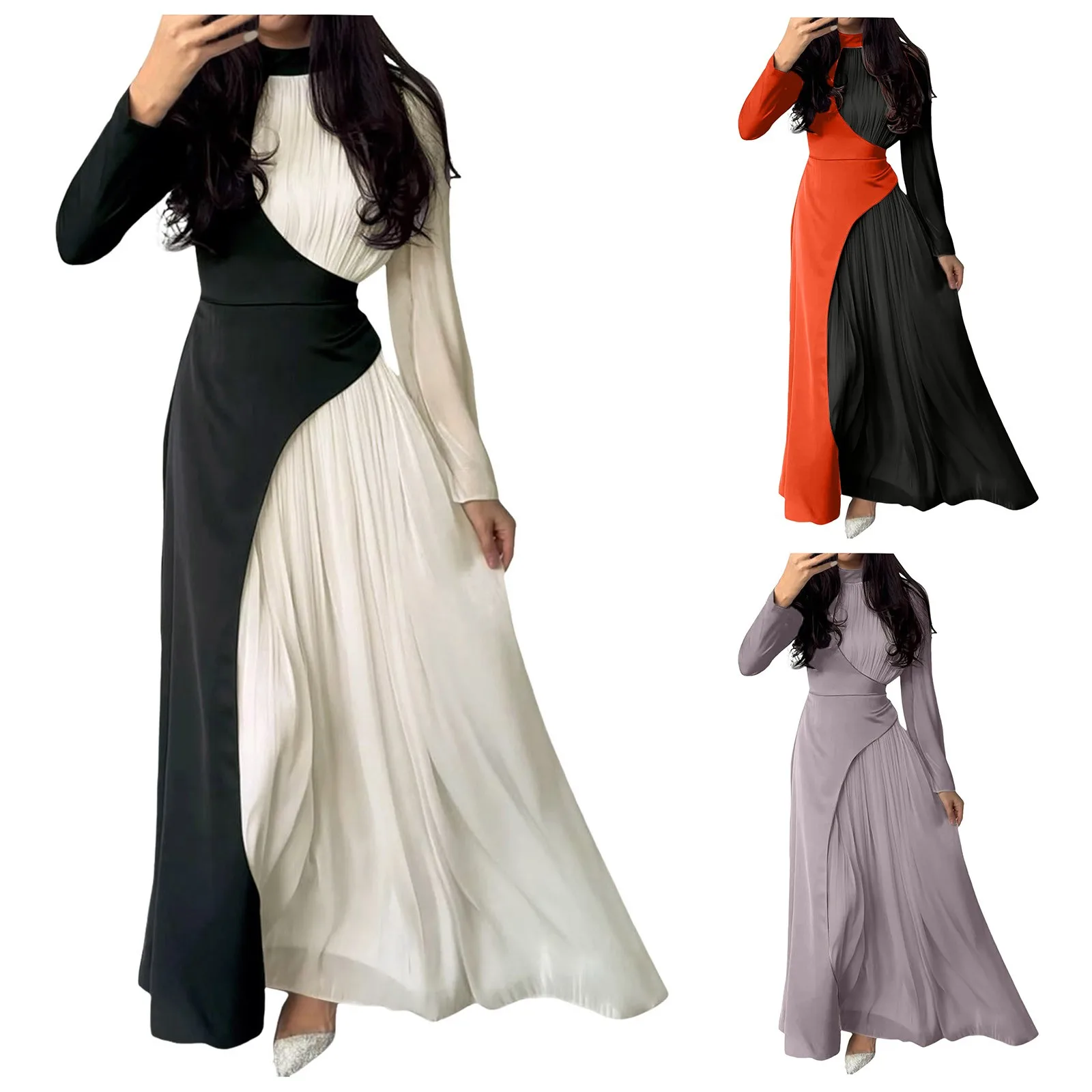 Women\'sElegant Patchwork Long Dress Spring Half High Neck Long Sleeve A-Line Maxi Dress Female Slim Waist Party Club Dresses