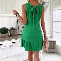 Women's Summer Green Red Mini Dress Sleeveless Ruffles Elegant Women Sexy Back Bow Casual Loose Dresses New Beach Holiday Dress