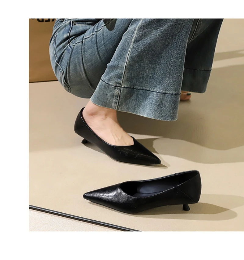 Leather Pointed Toe Kitten Heel Pumps Minimalist Design Comfortable Low Heel Office Work Party Dress Shoes Elegant Footwear image 2