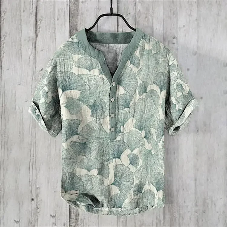 

2024 New Amazon Foreign Trade Men's Casual V-neck Three Button Shirt Hawaiian Style Short Sleeve 3D Printed Men's