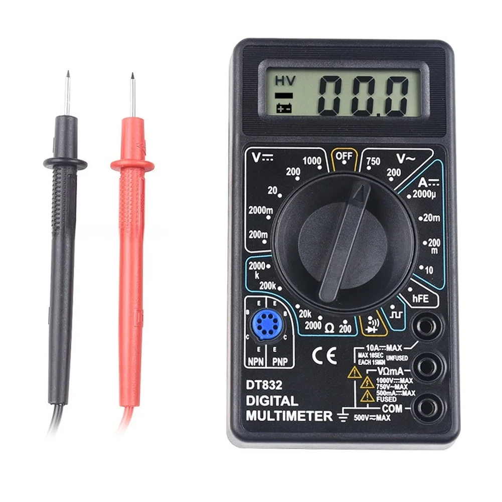 DT832 Multimeter with Integrated Test Leads for DC AC Voltage Resistance Diode Test and Transistor Parameter Analysis