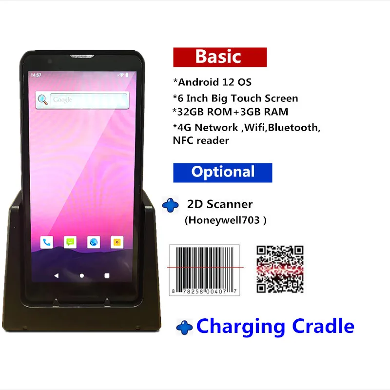 Robusto scanner di codici a barre 2d palmare android da 6 pollici industriale pda per inventario di magazzino