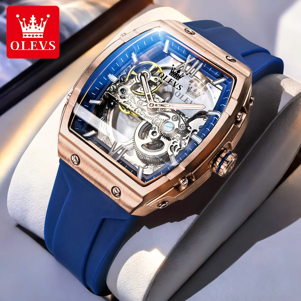 OLEVS Fashion Skeleton Mechanical Watch Mens Business Sport Waterproof Luminous Silicone Strap Hollow Tourbillon Watches For Men