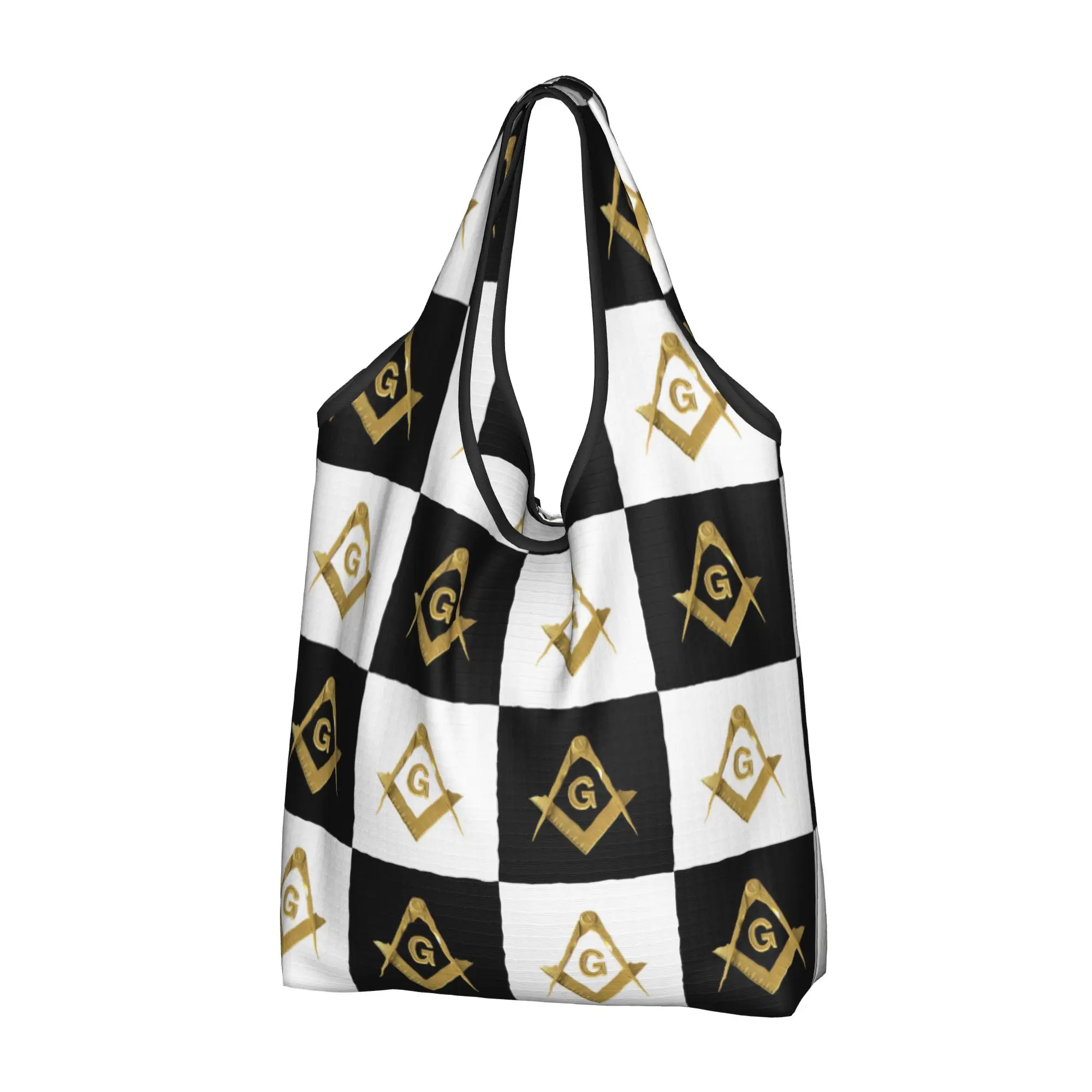Recycling Freemason Checkered Plaid  Shopping Bag Women Tote Bag Portable Gold Square Compass Masonic  Groceries Shopper Bags