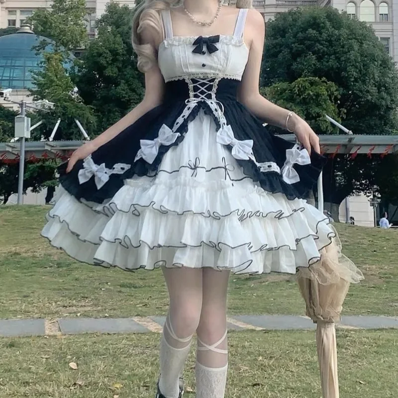 Coelho y2k lolita vestidos arco lolita jsk conjunto sakura em camadas roupa 3 peças saia sem mangas ins capa doce kawaii meninas vestido novo