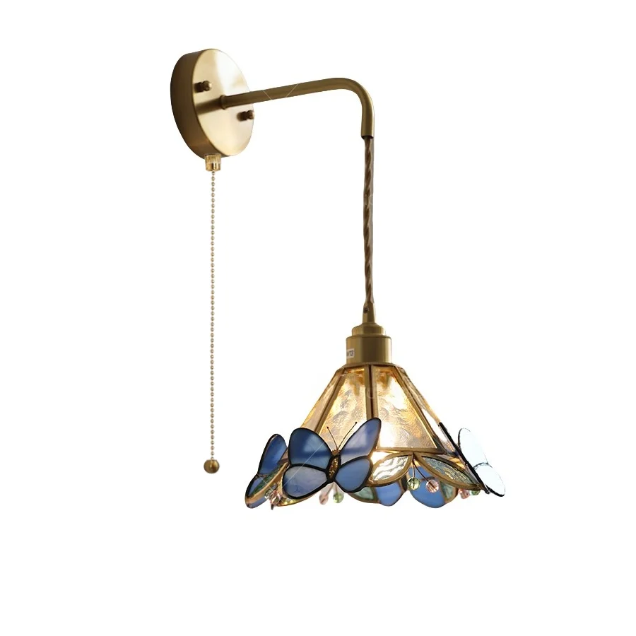 

IWHD Creative Ambient LED Wall Lamp Sconce Staircase Porch Living Room Pull Chain Switch Butterfly Glass Bathroom Mirror Light