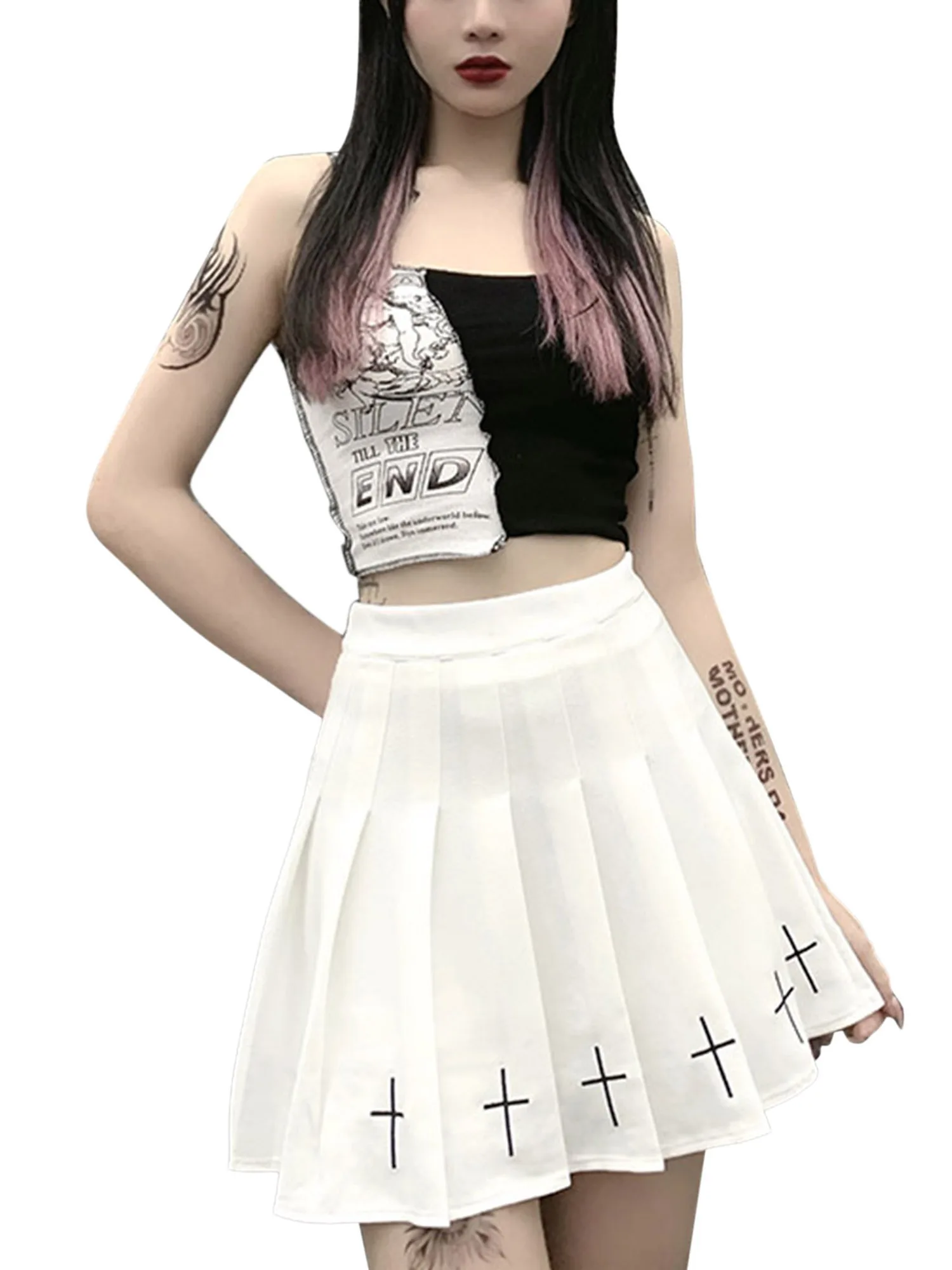 

Women High Waist Gothic Punk Mini Skirts Ladies Cross Pattern Mini Pleated Skirt