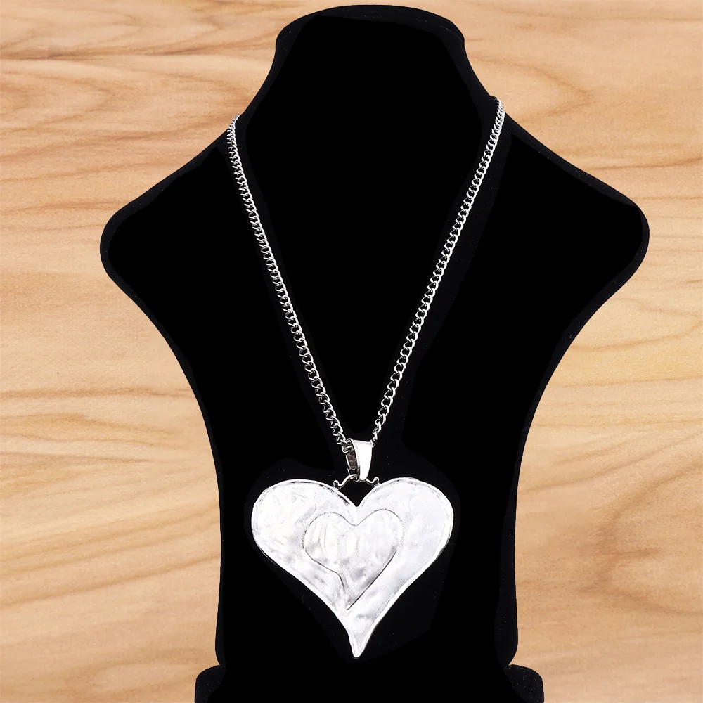 Tibetan Silver Large Hammered Bilayer Love Heart Pendant on Long Chain Necklace Lagenlook 34 Inches for Jewelry Women