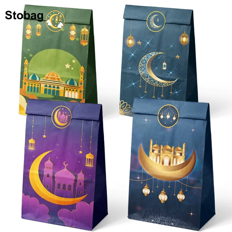 

StoBag 24pcs Wholesale Eid Mubarak Ramadan Kraft Paper Gift Packaging Bags Children for Candy Snack Storage Pouches Party Favors