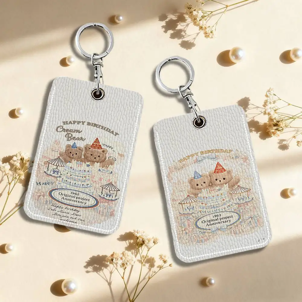 Cartoon Bear Birthday Cake Cute Card Holder Leather Card Storage Box Key Chain Access Tag Holder ID Card Holder Key Chain